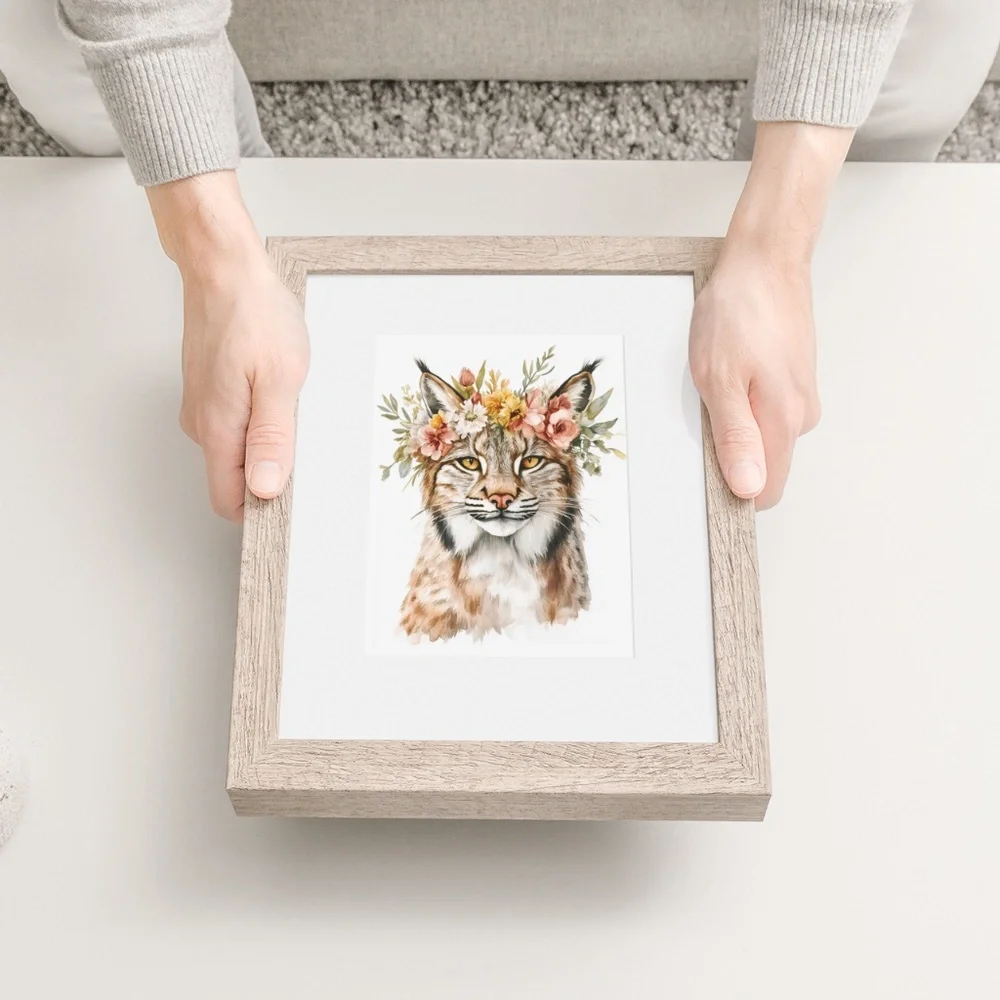 Watercolor Floral Lynx Portrait Wall Art Illustration Print Poster Unframed - Picture 7 of 9